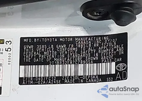 2007 Toyota Corolla S z USA, uszkodzony, nr VIN 2T1BR32E87C789054